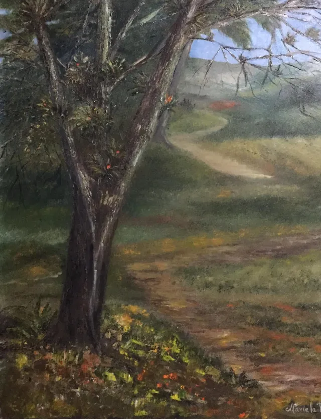 Una Mañana Lluviosa en Cidra, óleo sobre lienzo, pintura de Mariela Restrepo